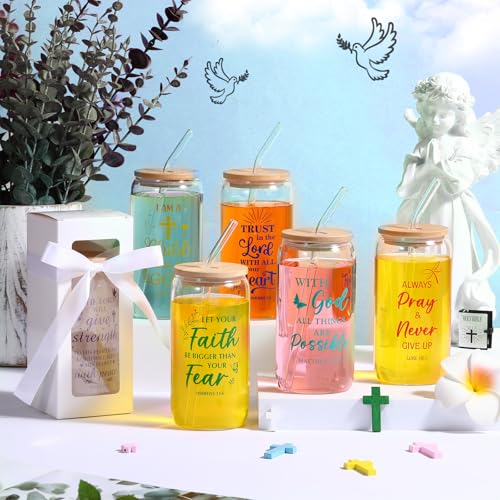 Ziliny 24 Set Thank You Glass Cups 16 oz with Lids Straws Christian - style: Christian
