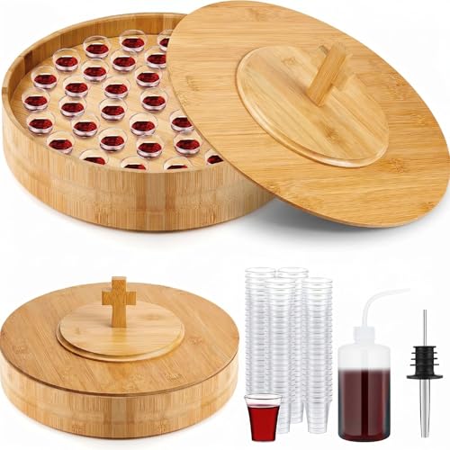 Zhehao 1 Set Wood Communion Tray Set for Church Holy Serving Tray with Lid Elegant 40 Cup Holders and 100 Disposable Communion Cups for Worship Service(Bamboo Style) - style: Bamboo Style