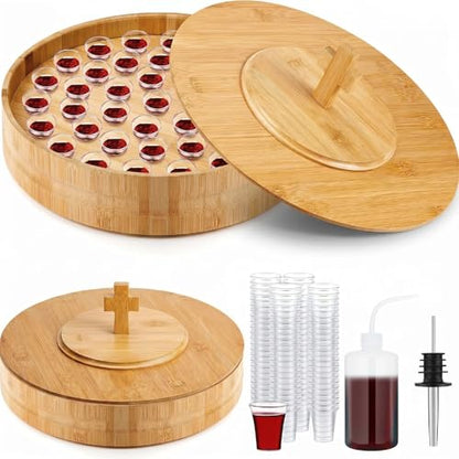 Zhehao 1 Set Wood Communion Tray Set for Church Holy Serving Tray with Lid Elegant 40 Cup Holders and 100 Disposable Communion Cups for Worship Service(Bamboo Style) - style: Bamboo Style