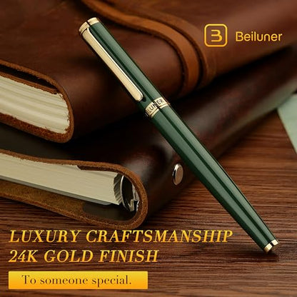 BEILUNER Racing Green Fountain Pen,Stunning Luxury Pens with 24K Gold Finish, Gorgeous 24K Gilded Nib(Medium), Fancy Pen Gift for Men&Women -Ink Converter-Christmas, Office,Fancy,Nice Pen for Writing - color: Green and Gold Finish, style: Medium Nib