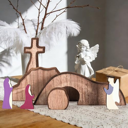 JarThenaAMCS Empty Tomb Easter Table Scene and Cross Decoration Wooden Jesus Nativity Scene He is Risen Centerpiece for Christian Party Home Tabletop Tray Decor, Set of 7 Pcs