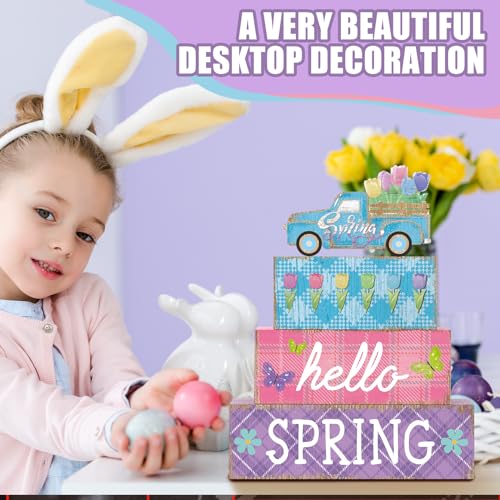 4 Pcs Spring Table Decor Farmhouse Tulip Wooden Sign Spring Wood Block Decorative Floral Truck Tiered Tray Decor Rustic Table Centerpieces for Home Kitchen Shelf Fireplace Desk Indoor - style: Tulip