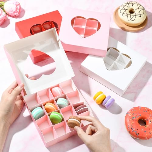 Airssory Chocolate Boxes, Paper Gift Boxes with Heart-Shaped Window, 12 pcs (4 pcs each of Pink, White, Gold), Square 15.1x15.1x3.5 cm, for Truffles, Candies, Favors - color: Chocolate Boxes