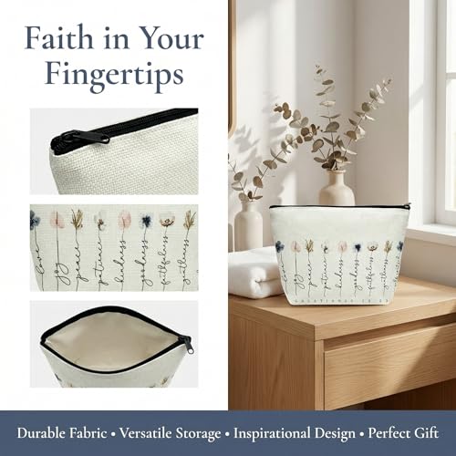 1 Pcs Christian Themed Makeup Bag (8.66x7x1.57 in) Cosmetic Pouch Printed with Bible Verses Exquisite Floral Pattern Thoughtful Positive Energy Gift for Women (B) - color: B