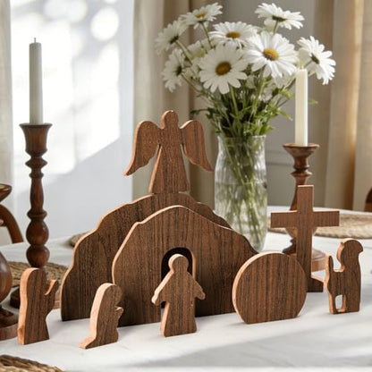 JarThenaAMCS Empty Tomb Easter Table Scene and Cross Decoration Wooden Jesus Nativity Scene He is Risen Centerpiece for Christian Party Home Tabletop Tray Decor, Set of 10 Pcs