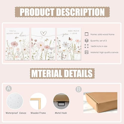 DAXINGJ Floral Wall Art Set of 3,Inspirational Neutral Botanical Heart Line - color: Pink Flower Love, size: 24"L x 16"W