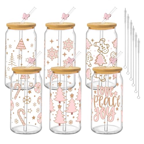 Glass Cups with Lids and Straws, 6Pack, 16oz, Christmas - style: Christmas Gingerbread