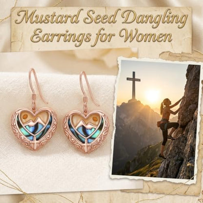 AOBOCO 925 Silver Mustard Seed Cross Heart Dangle Drop Earrings Women - color: Silver-14K Rose Gold