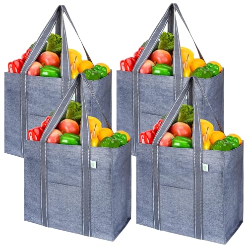 VENO 4 Pack Reusable Grocery Bags, Heavy-Duty Shopping Bags with Handles, Bags for Shopping Cart with Hard Bottom to Stand Upright, Foldable, Multi-Purpose(Gray, 4 Pack) - color: Gray