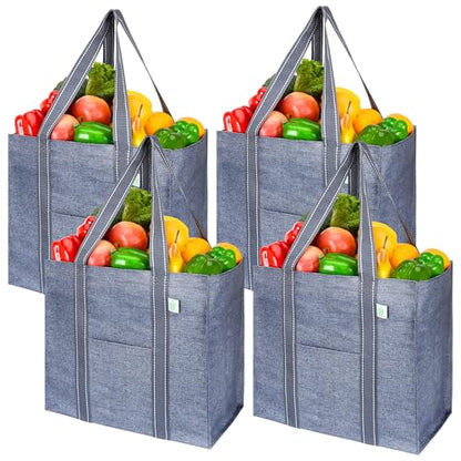 VENO 4 Pack Reusable Grocery Bags, Heavy-Duty Shopping Bags with Handles, Bags for Shopping Cart with Hard Bottom to Stand Upright, Foldable, Multi-Purpose(Gray, 4 Pack) - color: Gray