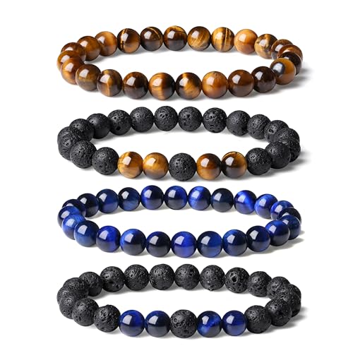 Mens Beaded Bracelets, 8MM Beaded Bracelets for Men, Natural Tiger Eye Bead Bracelet, Stretch Elastic Beads Bracelets for Men - color: 4 yellow volcanic blue tiger eye