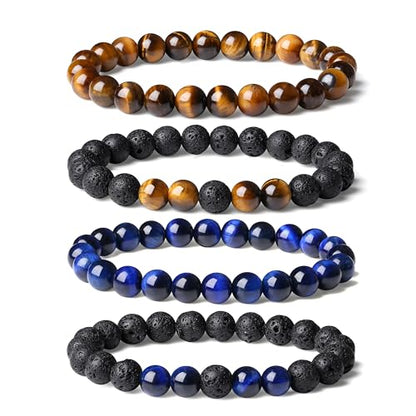 Mens Beaded Bracelets, 8MM Beaded Bracelets for Men, Natural Tiger Eye Bead Bracelet, Stretch Elastic Beads Bracelets for Men - color: 4 yellow volcanic blue tiger eye
