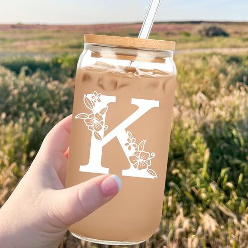 Personalized Tumbler, Monogrammed Can Glass Cups with Bamboo Lids and Straws, Customized Gifts for Women, Cute Design Initial Iced Coffee glasses, Custom Letter Mug, Birthday Bridesmaid, H - style: Monogram H