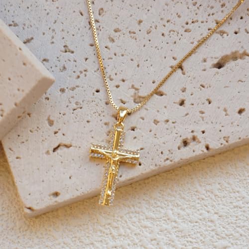 Gold Cross Necklace for Women, 14K Gold Plated - style: Zircon-Framed Crucifix