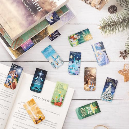 JSRQT 16Pcs Christmas Religious Magnetic Bookmarks, Larger Double-Sided Christian Bookmark for Women Man, Jesus Birth Bible Magnet Page Marker Bookmarks Page Clip for Book Lovers, 6×3 CM, 16 Style