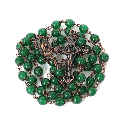 Nazareth Store Natural Stone Beads 8mm Rosary Necklace Antique Copper Design Holy Soil Medal & Cross in Velvet Bag - Catholic Rosaries Terra Santa Jerusalem Collection - color: Green Jade