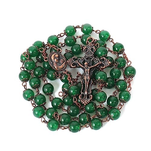 Nazareth Store Natural Stone Beads 8mm Rosary Necklace Antique Copper Design Holy Soil Medal & Cross in Velvet Bag - Catholic Rosaries Terra Santa Jerusalem Collection - color: Green Jade