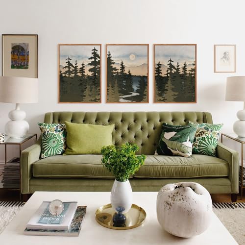 HPNIUB Vintage Mountain Framed Canvas Wall Art Set, Boho Sunrise Art Prints, Forest Nature Wilderness Art Paintings, Abstract Pine Tree Wall Decor for Living Room Bedroom, Office(Set of 3,12X16 Inch) - color: Forest Nature Wall Art
