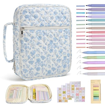 Bible Bag Cover Case for Women Study Supplies Kit Church Book Holder - color: Blue Flower