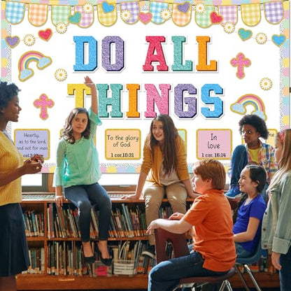 Christian Bulletin Board Decorations Jesus DO All Thing Classroom Bulletin Board Set Religious Motivational Paper Cutouts for Halloween Trunk or Treat Car Decor School Office Wall Decor Supplies - style: Jesus DO All Thing