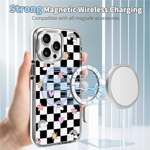 for iPhone 13/14 Case [Compatible with Magsafe],Girls Women Clear Magnetic Case Silicone Shockproof Protective Cover with Pattern Checkerboard Flowers - color: Checkerboard Flowers, size: iPhone 13/14