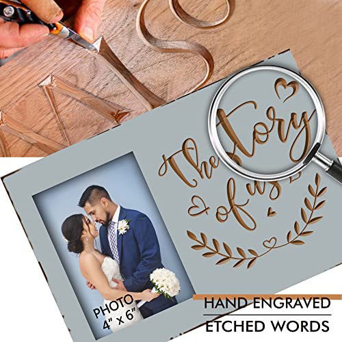Yudarte Wooden Story of Us Engraved Picture Frame 4x6 Inches for Newlyweds - color: warm grey