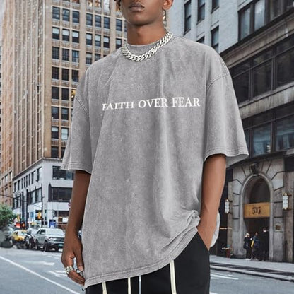 Christian Faith Over Fear Shirt for Men Jesus Religious Shirts Oversized Graphic Tees Acid Wash God T-Shirt - color: Light Gray, size: 4X-Large