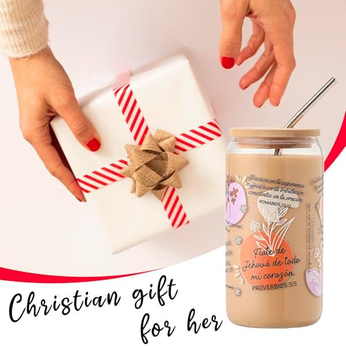 Spanish Bible Verse Coffee Mugs - Christian Gifts for Women, 16oz Religious Glass Tumbler with Lid & Straw, Inspirational Spanish Scriptures, Regalos Religiosos Para Mujer En Español - color: Spanish Bible Verse
