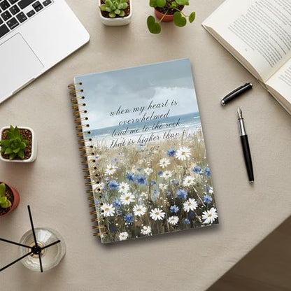 Beach Wildflowers Hardcover Spiral Notebook - Christian Religious Psalm 61:2 Bible Verse Journals for Teens Women Men, Coastal Ocean Blue Daisy Prayer Church Notes Journaling Gifts for Writing - color: Ccolor001