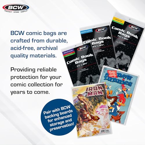 BCW Silver Age Comic Bags (500 Pack) – Acid-Free Archival Comic Book Bags for Silver Age Comics | Crystal Clear BCW Comic Book Bags for Collection Storage - size: 500 Pack
