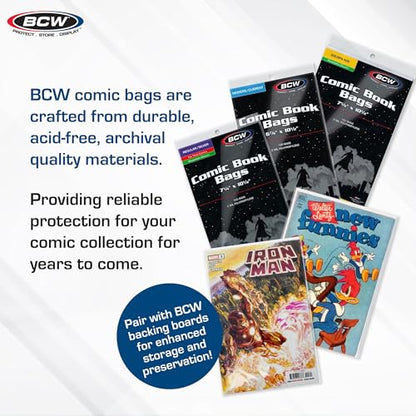 BCW Silver Age Comic Bags (500 Pack) – Acid-Free Archival Comic Book Bags for Silver Age Comics | Crystal Clear BCW Comic Book Bags for Collection Storage - size: 500 Pack