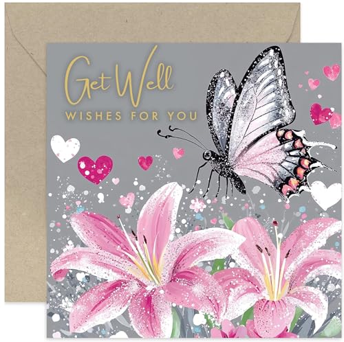 Butterfly on Flower Get Well Soon Card for Female Friend, Women, Sister, Niece, Aunt, Grandma - Surgery, Unwell, Feel Better - Blank Inside