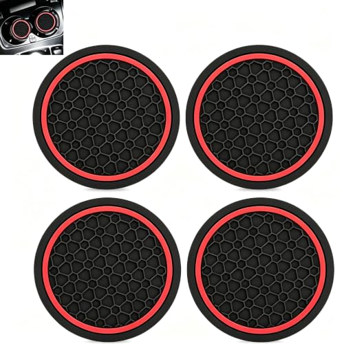 4PCS Car Cup Holder Coasters,2.75 Inch Non-Slip Insert Water Bottle Holder Pads, Shockproof Silicone Cup Pads, Universal Car Drink Holders for Vehicles, Trucks, RVs(Black/Red) - color: Red