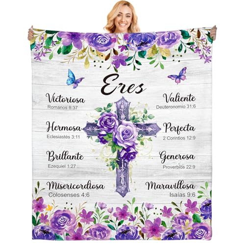 Spanish Christian Blanket Bible Verse Throw Soft Scripture Purple Blanket Religious Healing Faith Based Gift for Women Mom Sister Grandma Birthday Baptism Christmas Religious Gifts 50" x 60"