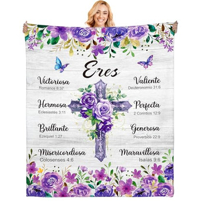 Spanish Christian Blanket Bible Verse Throw Soft Scripture Purple Blanket Religious Healing Faith Based Gift for Women Mom Sister Grandma Birthday Baptism Christmas Religious Gifts 50" x 60"