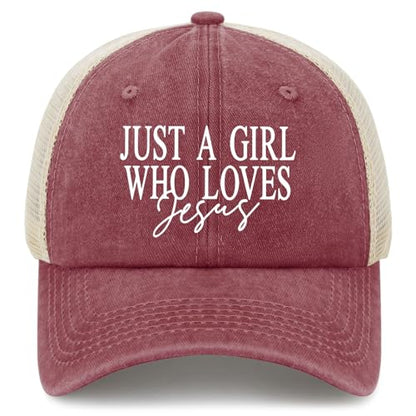 JUSTS A Girls WHO Loves Jesus Hats for Women Aesthetic Washed Distressed - color: Deep Rose