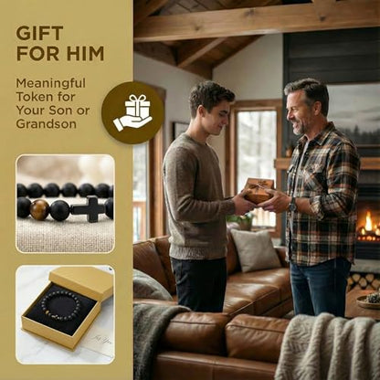 Men’s Cross Bracelet with Elastic Rope,Natural Stone Beaded Bracelet with Stainless Steel Cross,Black Agate & Tiger Eye, Religious Fashion Jewelry for Men/teen - color: John 3:16, size: 8