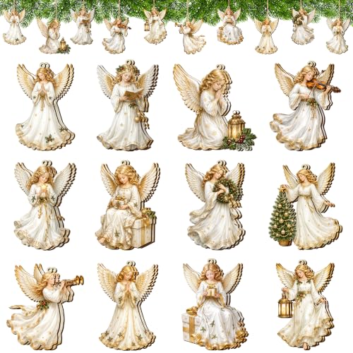 24Pcs Wooden Christmas White Angel Ornaments, Hanging Angel Tree Decoration - color: E Style, size: 24 Pcs