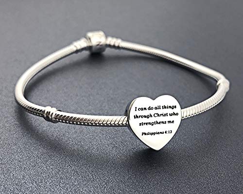 Heart Charm Fit Pandora Charms Bracelet Christian Bible Verse Charm Prayer Faith Religious Charms Gifts for Women - style: I can do all things through Christ who strengthens me Philippians 4:13