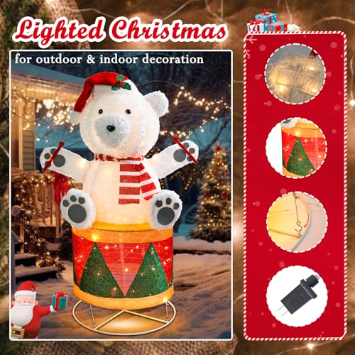 4 FT Lighted Christmas Drum Bear, Pre‑Lit Outdoor Yard Decor - size: 48''*31.5''