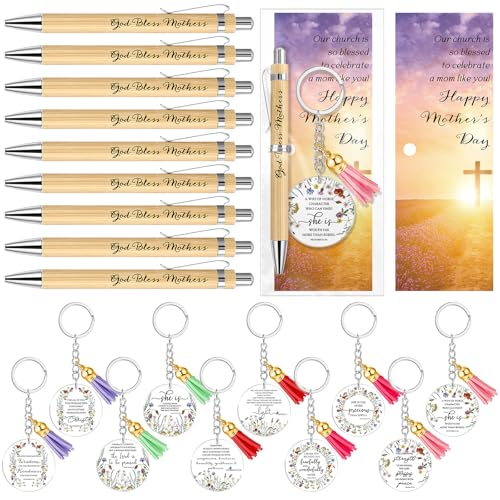 Dispowreath 20 Set Church Gifts Bulk for Women Christian Pens God Bless Mothers Pens 10 Style Religious Bible Verse Keychains with Tassel Inspirational Acrylic Key chain with Cards for Mom Sunday