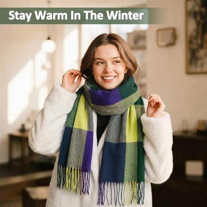 Loritta Winter Scarf for Women, Long Plaid Shawl Wraps Scarves Gifts - color: D-blue Green Lattice