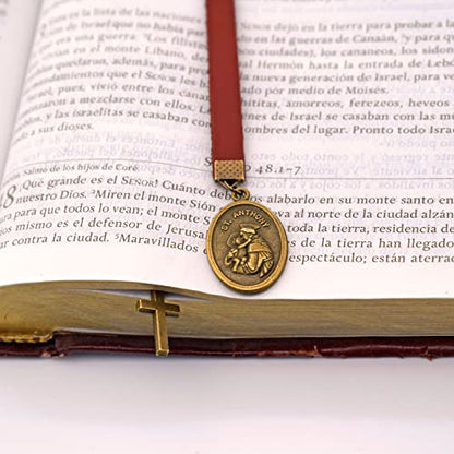 BLBMH Genuine Leather Bible Bookmark with Cross | Catholic Gifts for Men Dad | Christian Book Marker with Ribbon - Saint Anthony - LB3 - color: Alb3