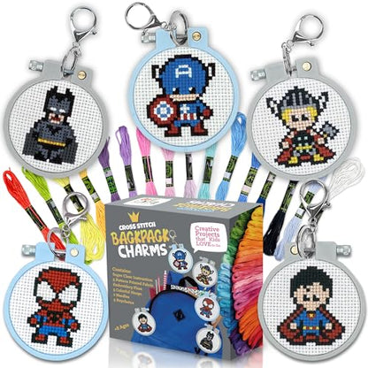 Superhero Cross Stitch Kit for Kids - 5 Stamped Beginner Projects - color: Superhero