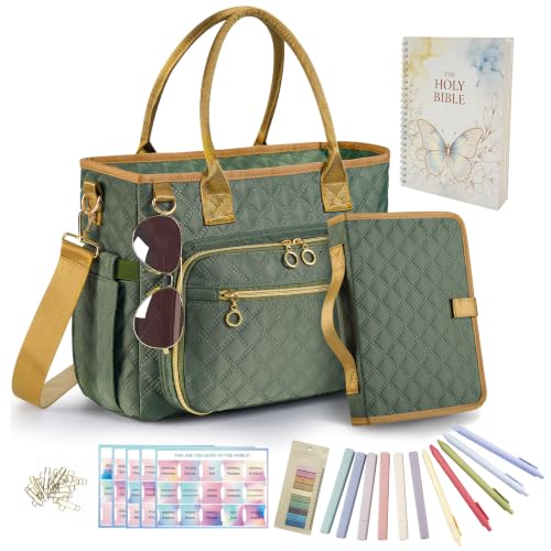 Large Bible Bag with Bible Cover Case for Women, Quilted Church Tote Bag with Bible Study Supplies, Shoulder Strap, Waterproof Material, Easy to Clean, Christian Gift for Bible Lovers - color: Green