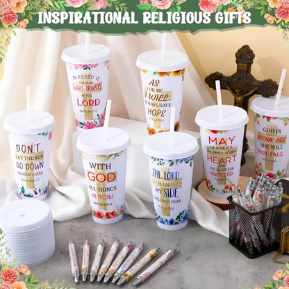 48 Pcs Christian Gifts for Women 24 oz Bible Scripture Cups with Lids Straw Religious Floral Bible Verse Ink Pens Church Religious Gift Set