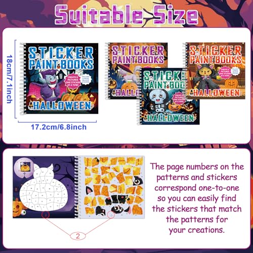 4Pcs Halloween Paint by Sticker Books Halloween Pumpkin Ghost Witch Sticker by Number Books Activity Book Puzzle Book Craft Art Gift Holiday Party Favors Create 32 Pictures - style: Halloween
