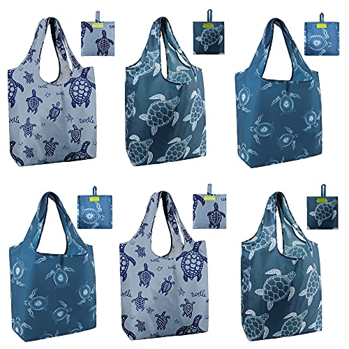 BeeGreen Sea Turtle Reusable Grocery Bags Large Tote Bag With Handles, Bulk Gift Foldable Shopping Bags for Women 6 Pack, Cute Cloth Bag, Heavy Duty, Washable For Beach, Holiday, Travel And Groceries - color: Animals-sea Turtle-blue