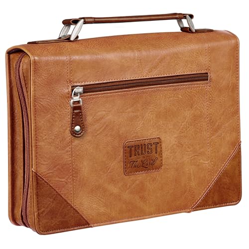Christian Art Gifts Classic Vegan Leather Bible Cover for Men: Trust in the Lord - Inspirational Bible Verse, Sturdy Easy Carry Book Case w/Pen Loops, Brown, Medium
