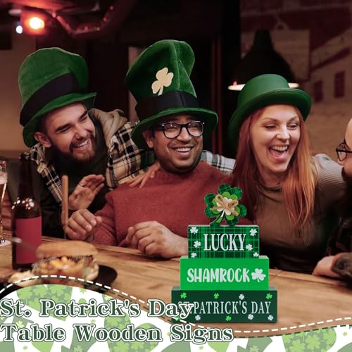 4 Pcs St.Patrick's Day Table Signs Lucky Shamrocks Table Centerpieces Wooden Shamrock Block Signs St Patricks Day Decorations Irish Tiered Tray Decor for Home Office Desk Kitchen Shelf - style: St Patricks